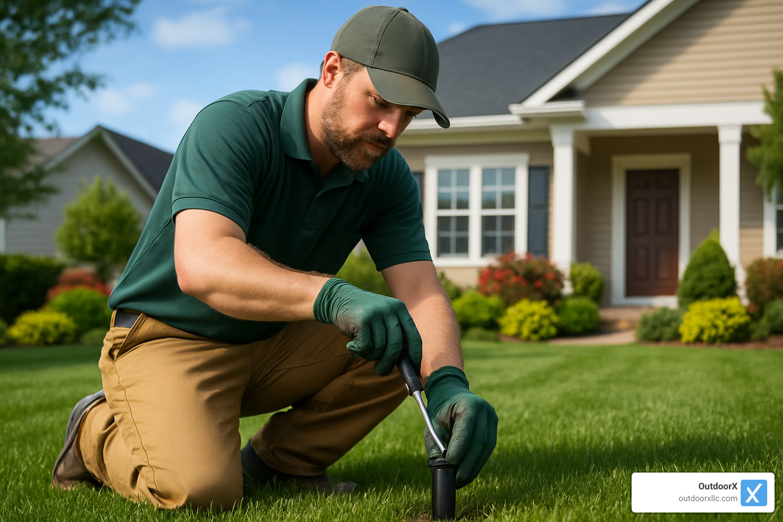 Professional adjusting sprinkler head settings for optimal coverage - sprinkler and lawn care near me