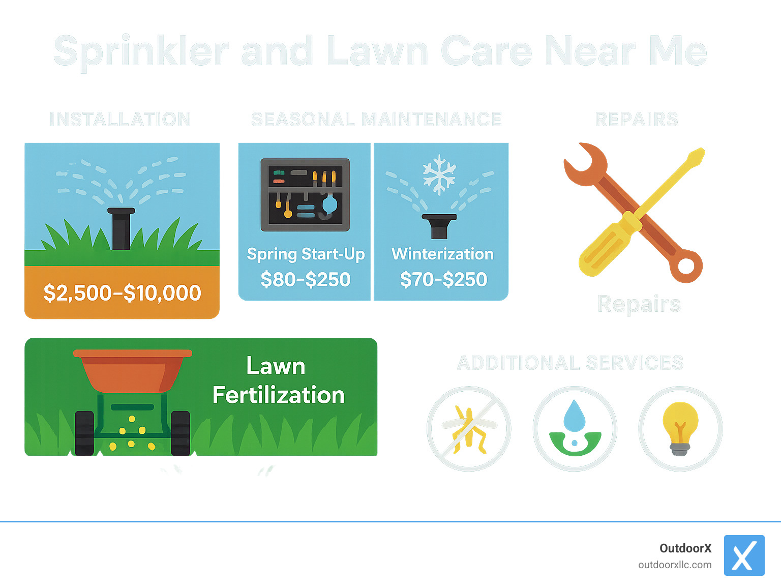 Comprehensive infographic showing sprinkler and lawn care services including installation, seasonal maintenance, repairs, lawn fertilization, and additional services with average pricing and seasonal timing - sprinkler and lawn care near me infographic 