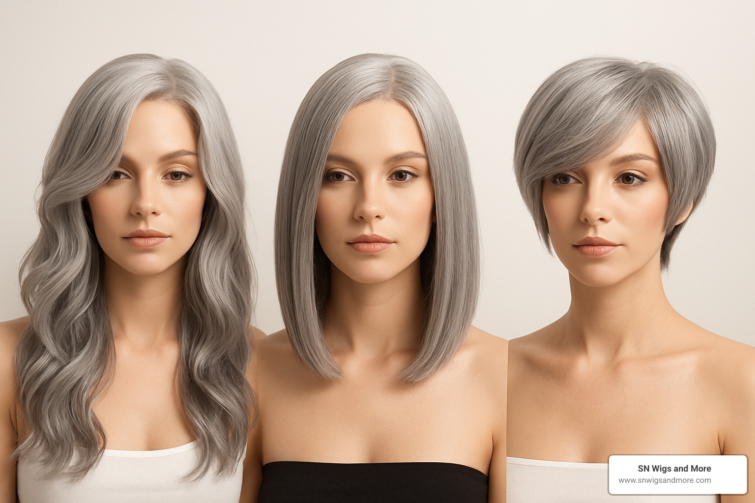 three silver wig styles on mannequin heads - silver wigs for women