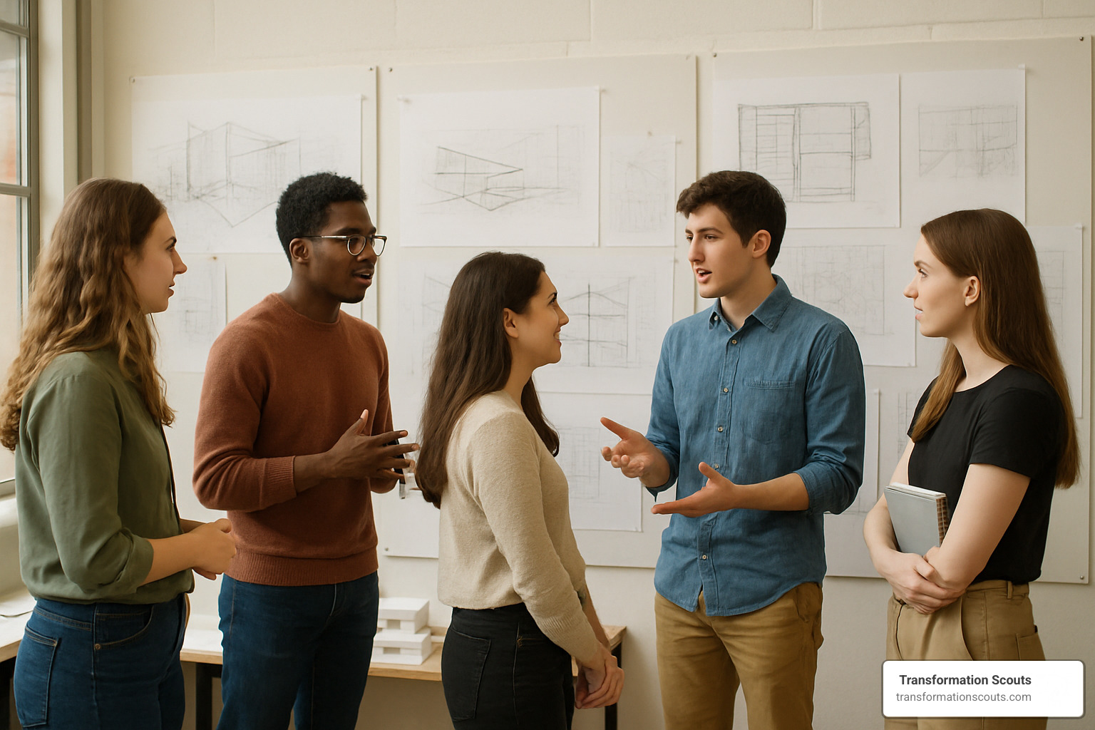 Architecture students participating in a pin-up review session with work displayed on walls - architecture studio culture