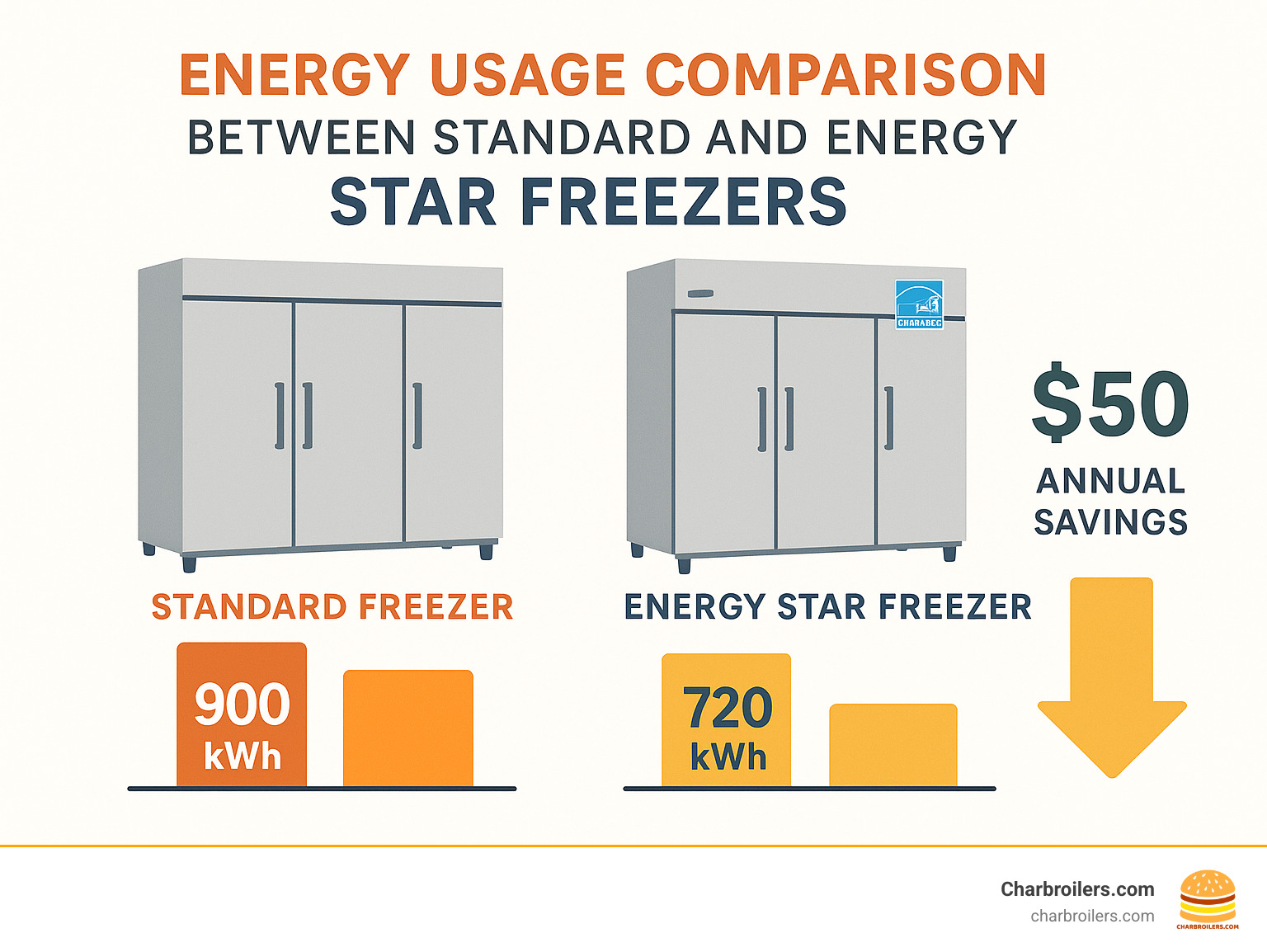 Energy usage comparison between standard and ENERGY STAR freezers - commercial upright frost free freezer infographic 