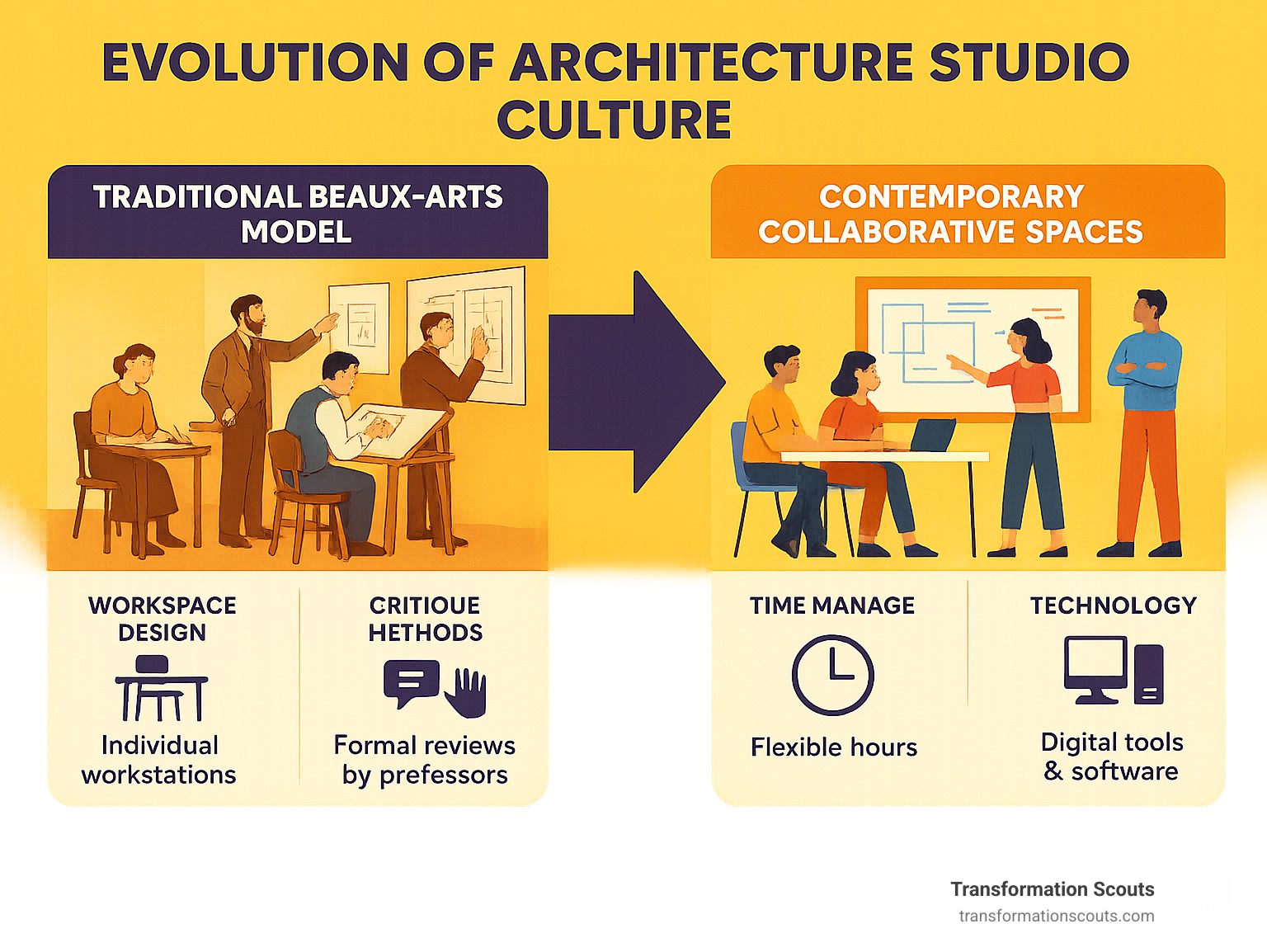 Architecture studio culture evolution showing the transition from traditional Beaux-Arts model to contemporary collaborative spaces, highlighting key differences in workspace design, critique methods, time management practices, and technology integration across different eras - architecture studio culture infographic 