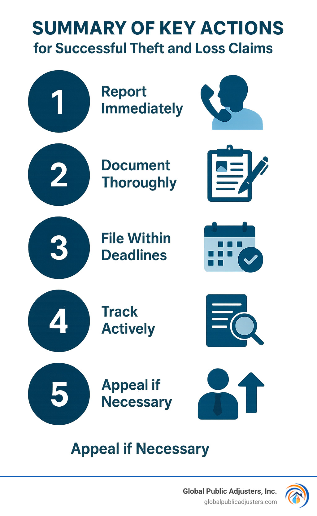 Summary of key actions for successful theft and loss claims: 1) Report immediately, 2) Document thoroughly, 3) File within deadlines, 4) Track actively, 5) Appeal if necessary - file a theft and loss claim infographic 