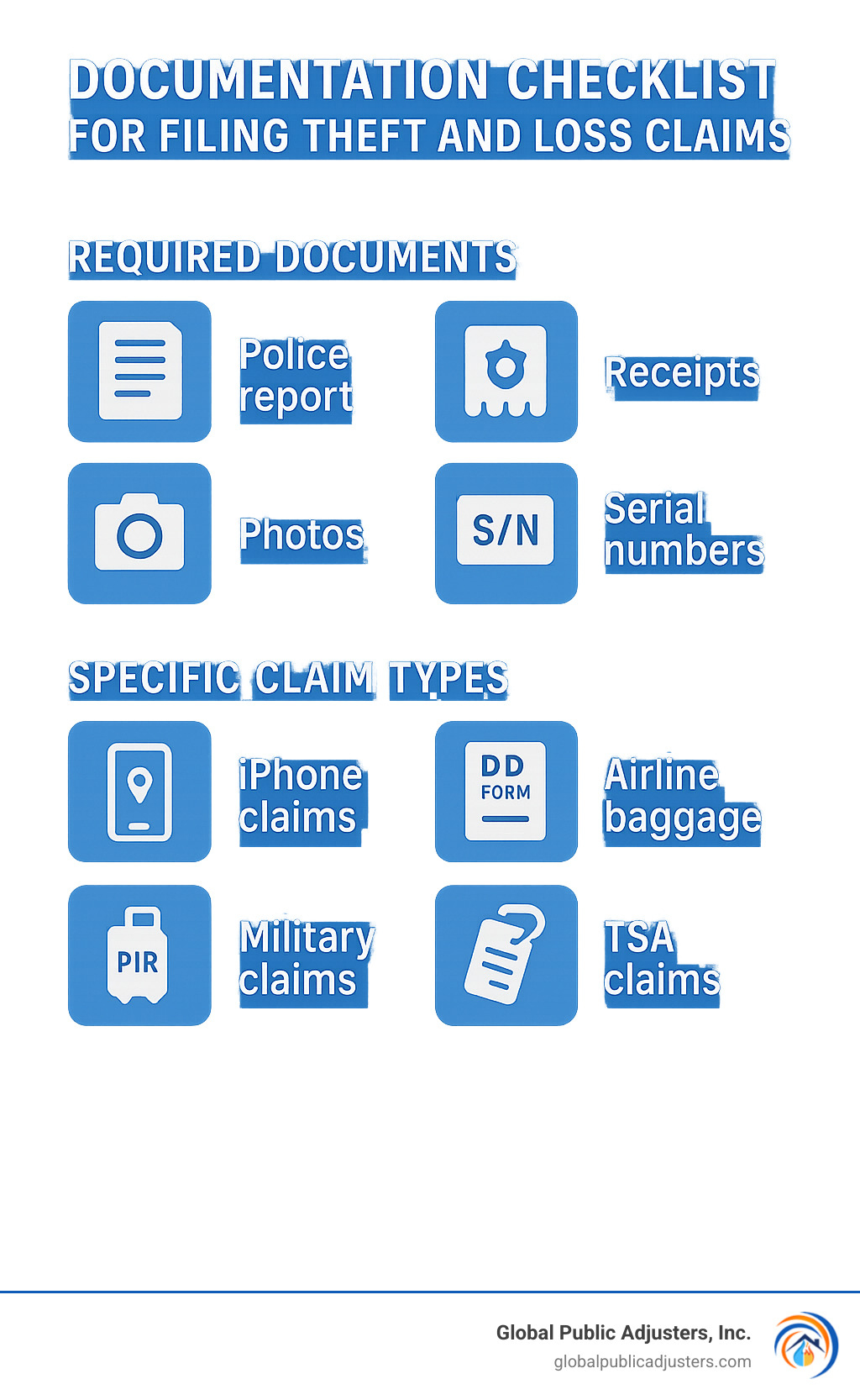 Documentation checklist for filing theft and loss claims showing required items for different claim types including police reports, receipts, photos, serial numbers, and specific forms - file a theft and loss claim infographic 