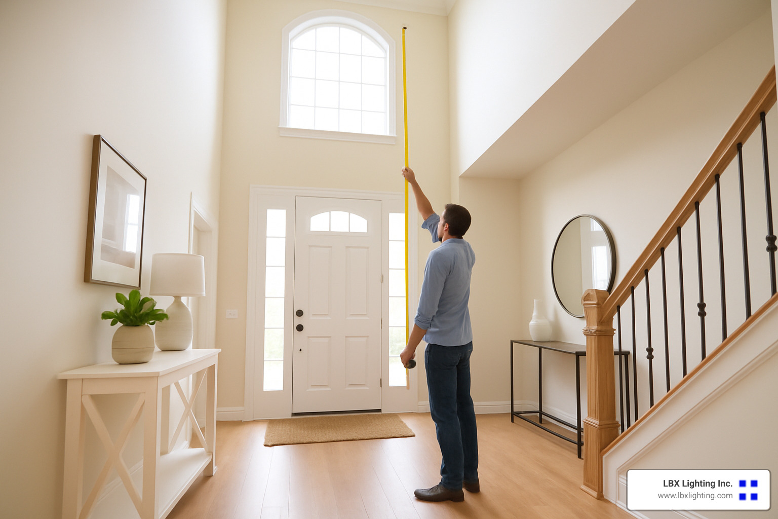measuring tape extended in a high ceiling entryway - modern chandelier for entryway with high ceiling