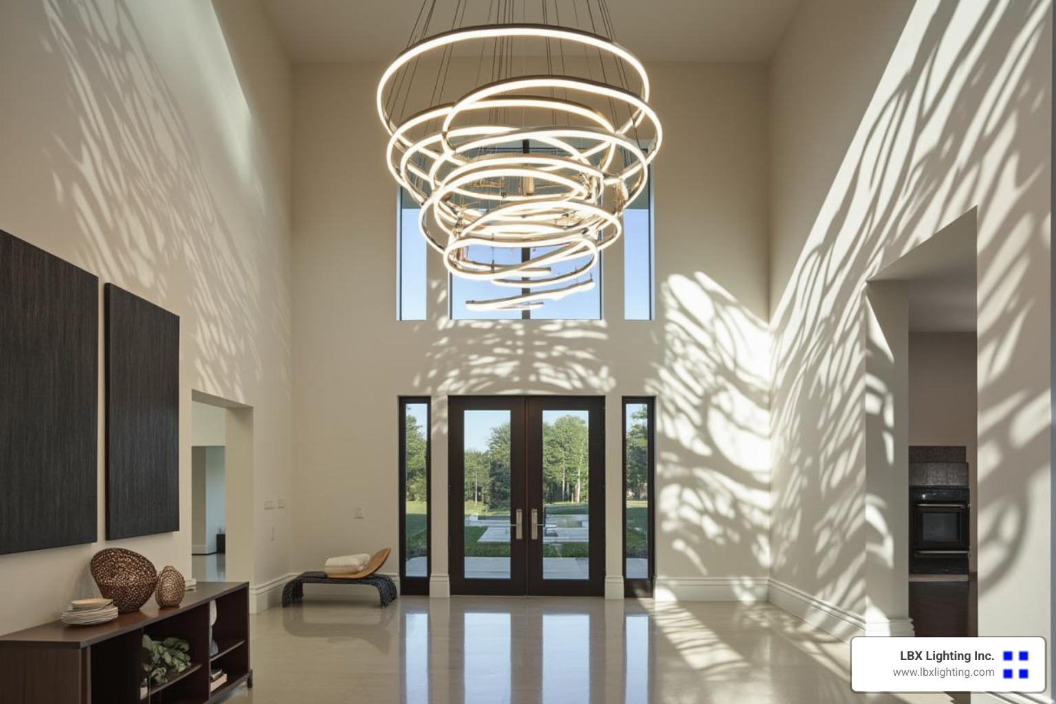 multi-ring LED chandelier with dramatic shadows - modern chandelier for entryway with high ceiling