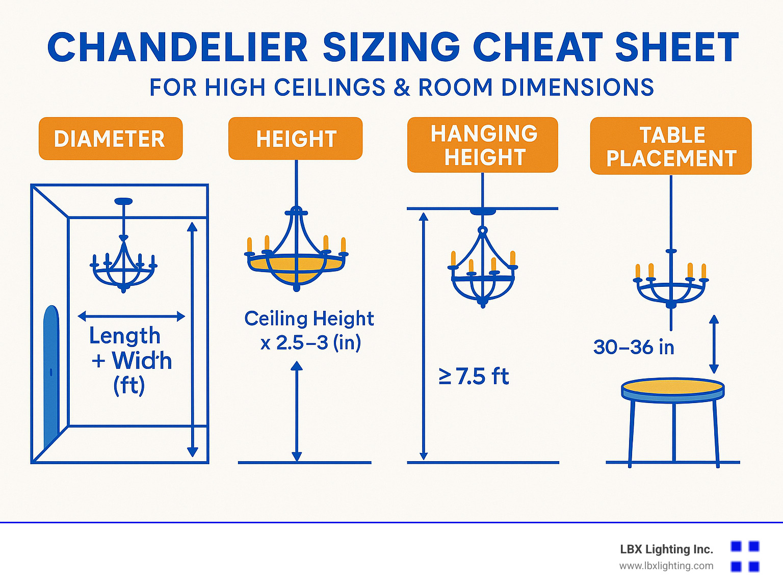 Chandelier sizing cheat sheet with formulas for different ceiling heights and room dimensions - modern chandelier for entryway with high ceiling infographic 