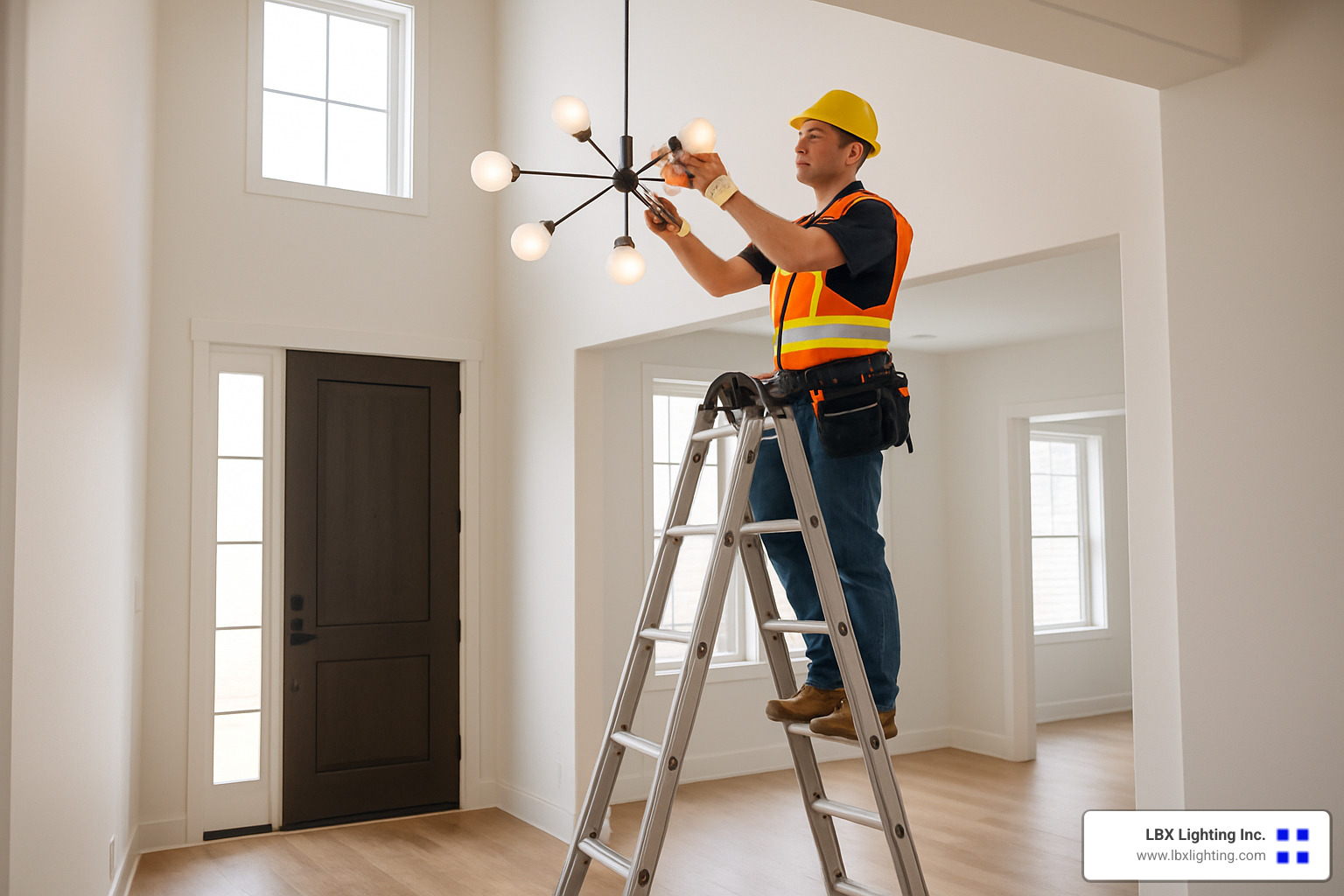 electrician installing chandelier on tall ladder - modern chandelier for entryway with high ceiling