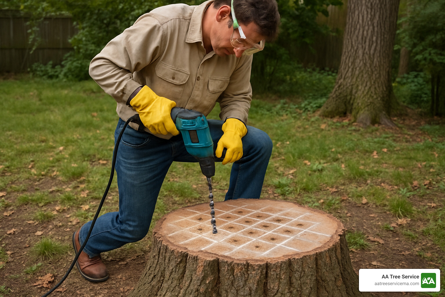 person drilling holes in tree stump with proper spacing pattern - drilling holes in tree stumps