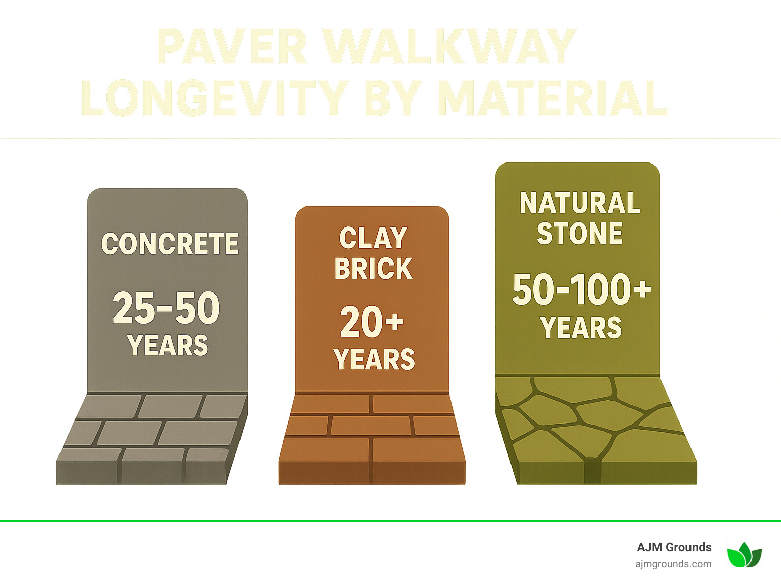 Paver Power: Your Guide to Hiring Walkway Contractors Statistical comparison of paver walkway longevity by material type showing concrete (25-50 years), clay brick (20+ years), and natural stone (50-100+ years) - walkway paver contractors infographic