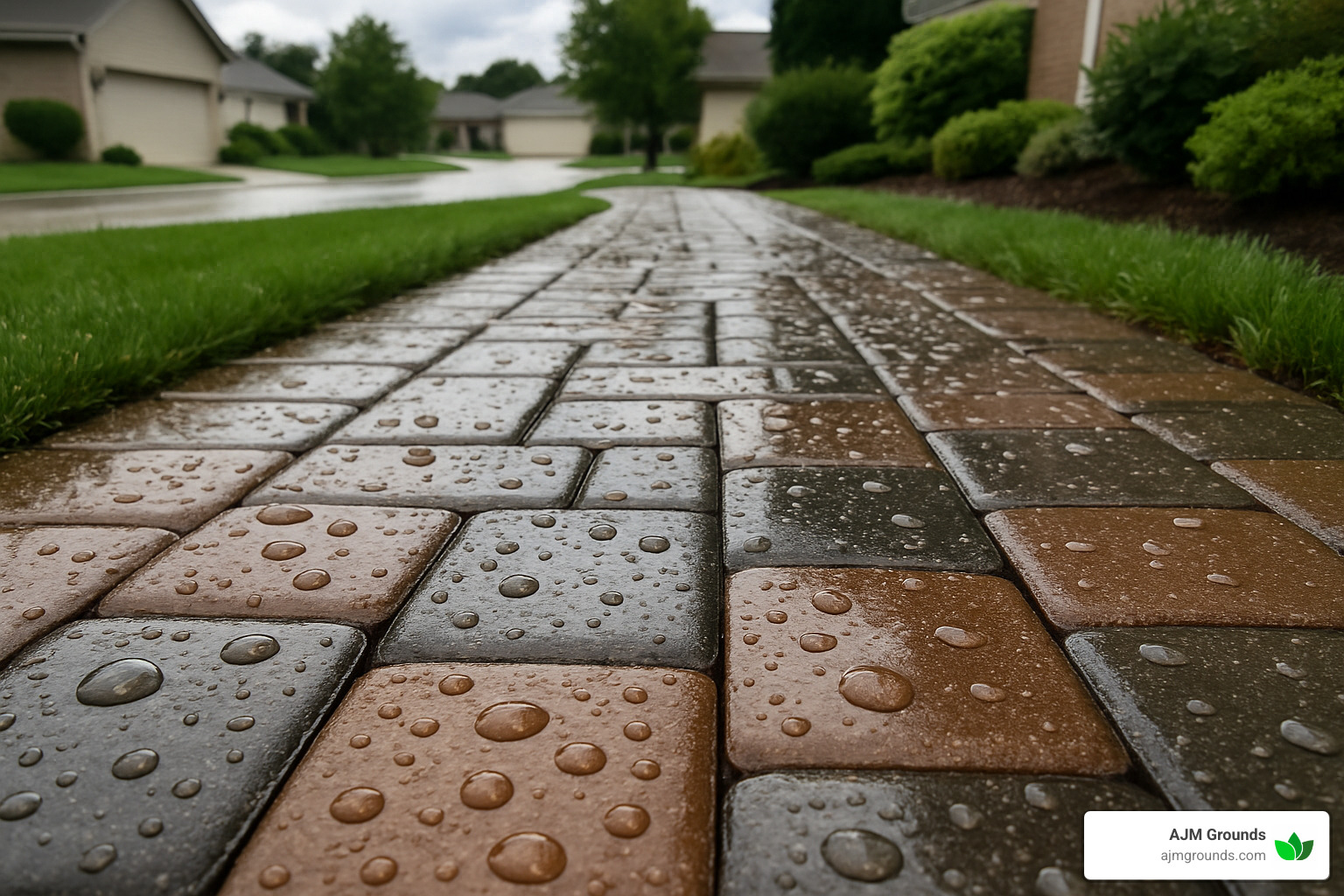 Paver Power: Your Guide to Hiring Walkway Contractors sealed paver walkway after rain showing water beading - walkway paver contractors