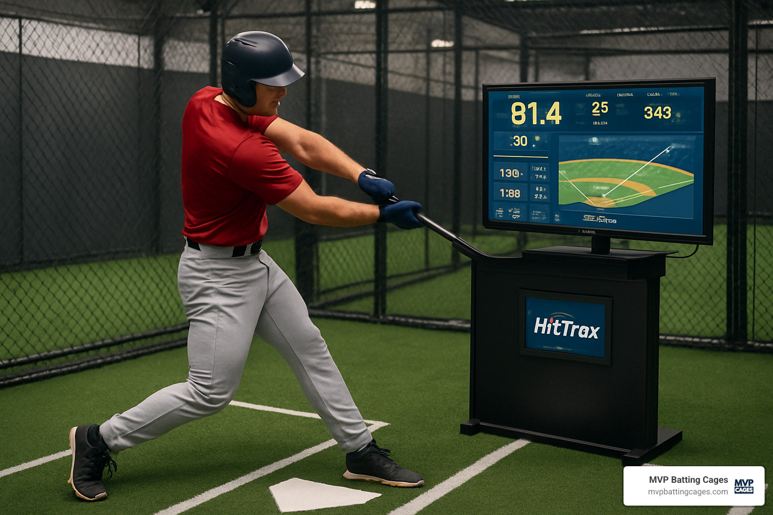baseball player using HitTrax system in batting cage - baseball batting cages chandler