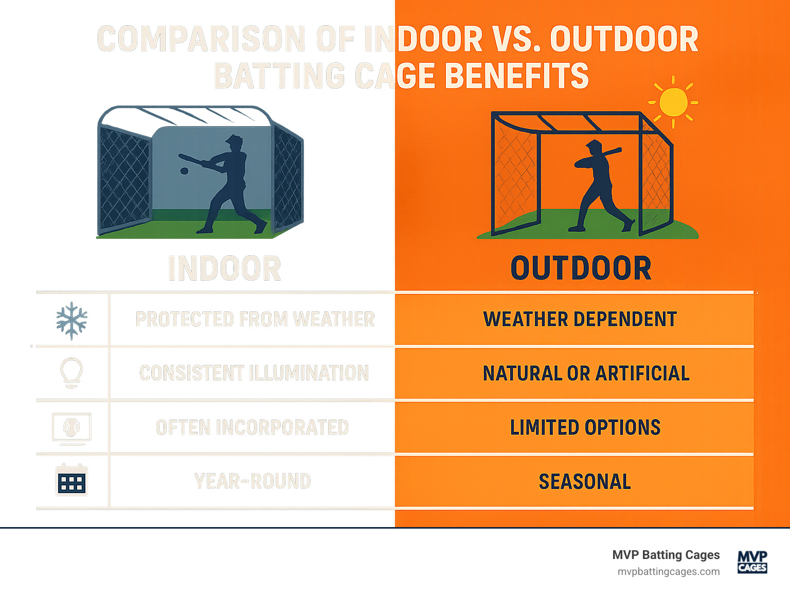 Comparison of indoor vs outdoor batting cage benefits with features like climate control, lighting, technology, and availability - baseball batting cages chandler infographic 