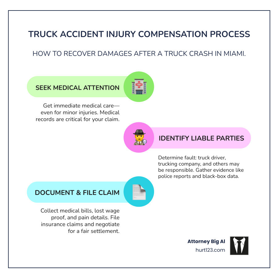 Flowchart showing the truck accident compensation process, including initial medical care, identifying liable parties (driver, trucking company, manufacturer), documenting damages (medical bills, lost wages, pain and suffering), filing insurance claims, settlement negotiation, and potential litigation if necessary - truck accident injury compensation infographic infographic-line-3-steps-colors