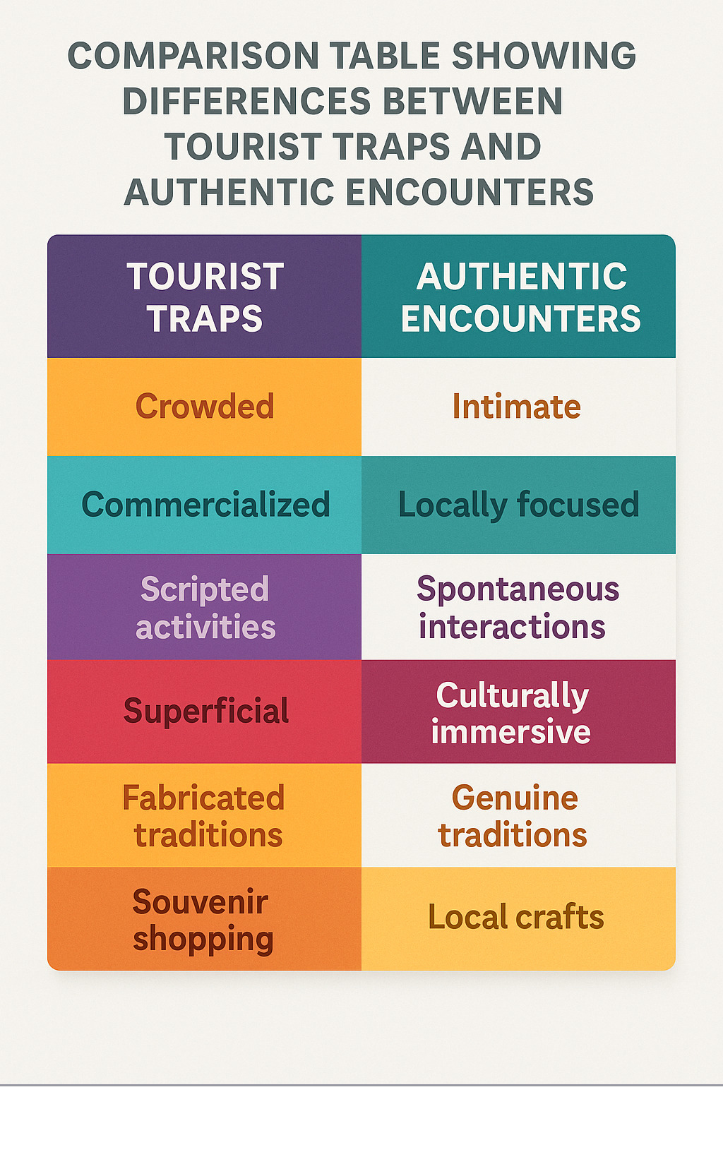 Comparison table showing differences between tourist traps and authentic encounters - authentic travel experiences infographic 