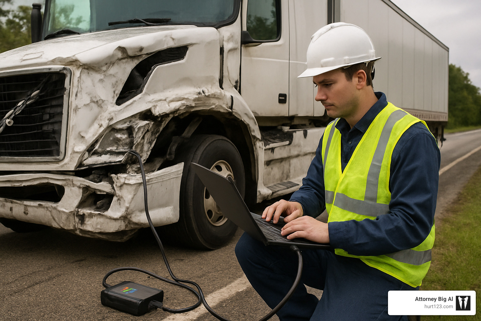 Black box data being downloaded from a truck after an accident - truck accident injury compensation