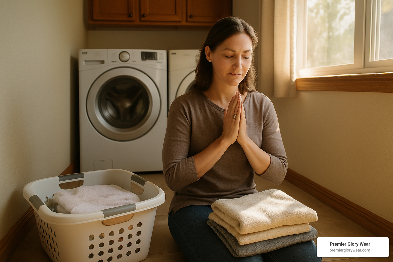 mom praying while folding laundry - Prayer Tools for Moms