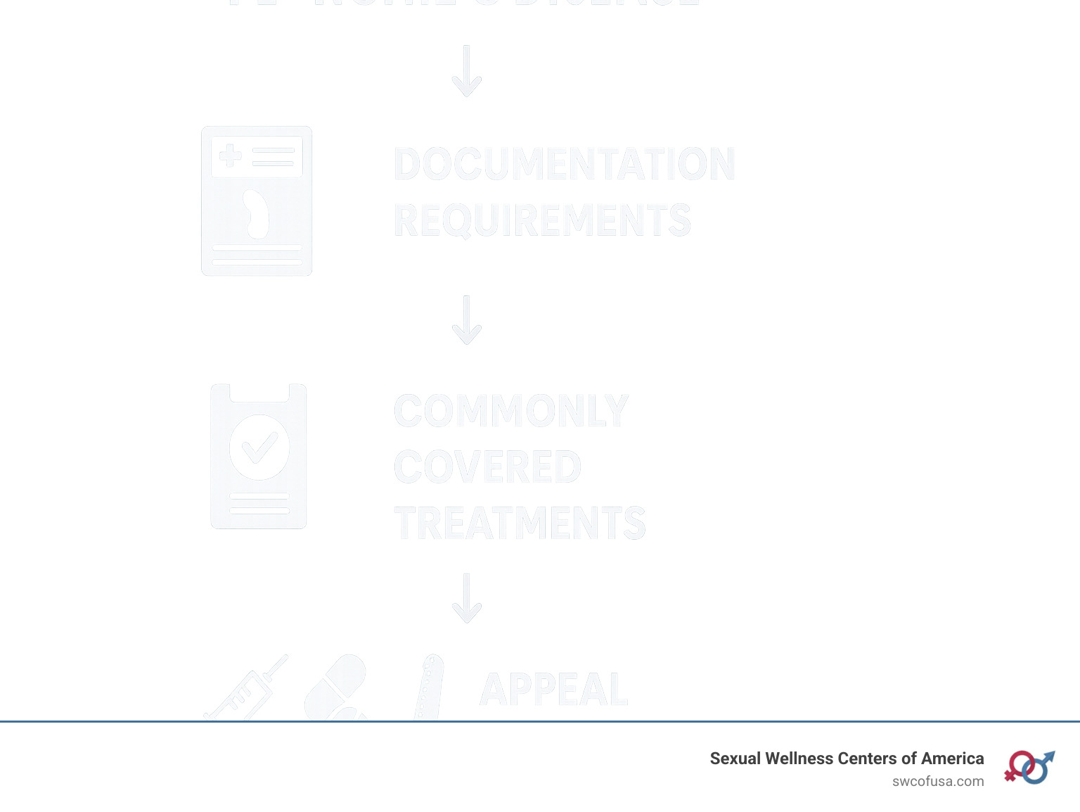 Insurance coverage pathway for Peyronie's disease showing diagnosis, documentation requirements, commonly covered treatments, and appeal process - does insurance cover treatment for peyronie's disease infographic