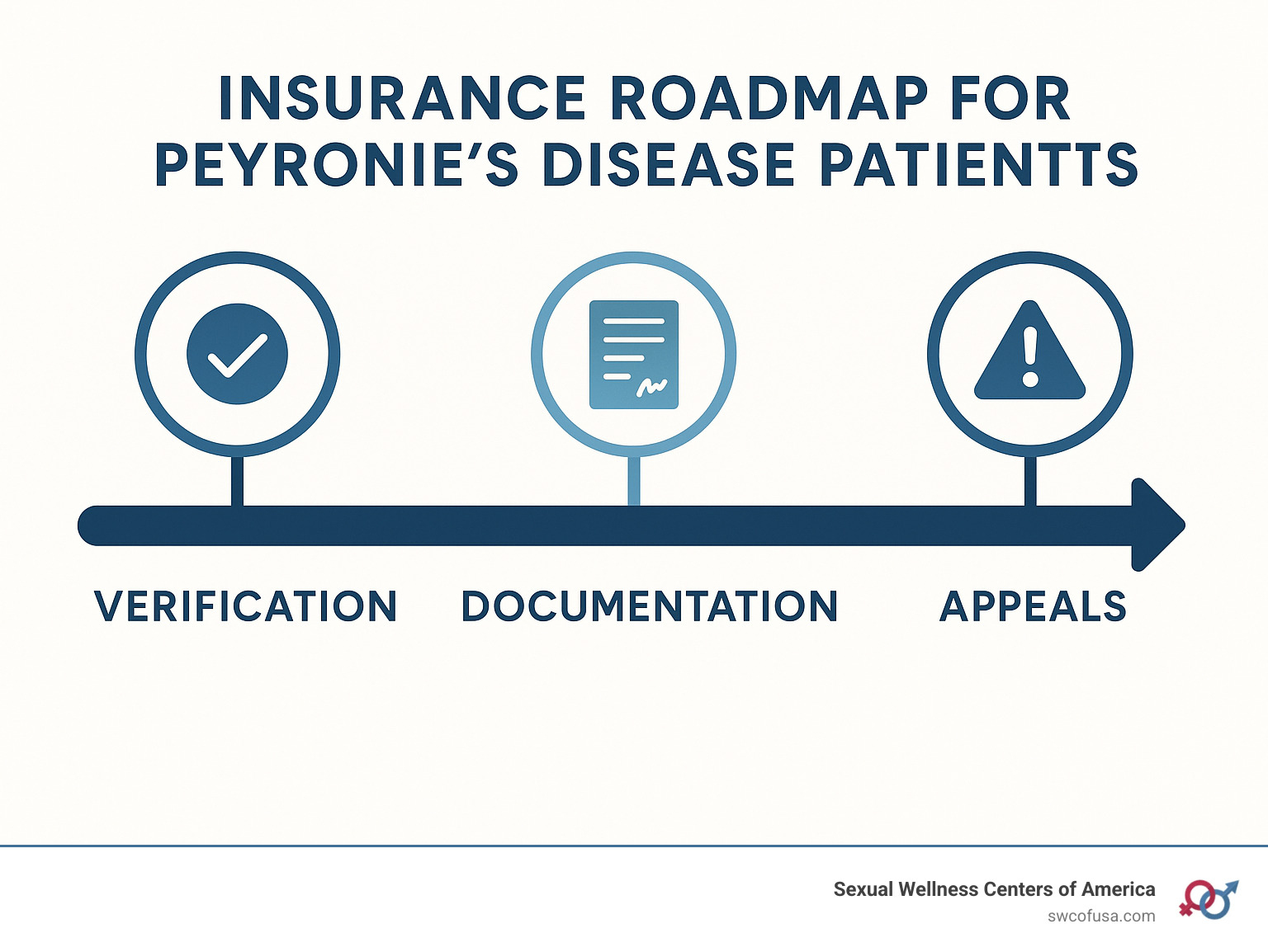 Insurance roadmap for Peyronie's disease patients showing verification, documentation, and appeals process - does insurance cover treatment for peyronie's disease infographic