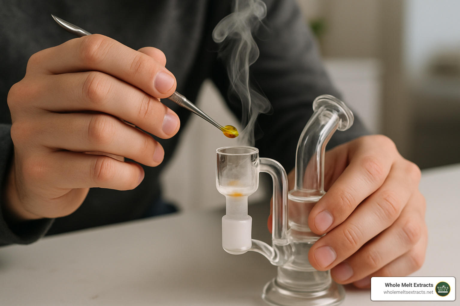 Person using a dab tool to precisely apply extract to a heated banger - whole melts extracts Person using a dab tool to precisely apply extract to a heated banger - whole melts extracts
