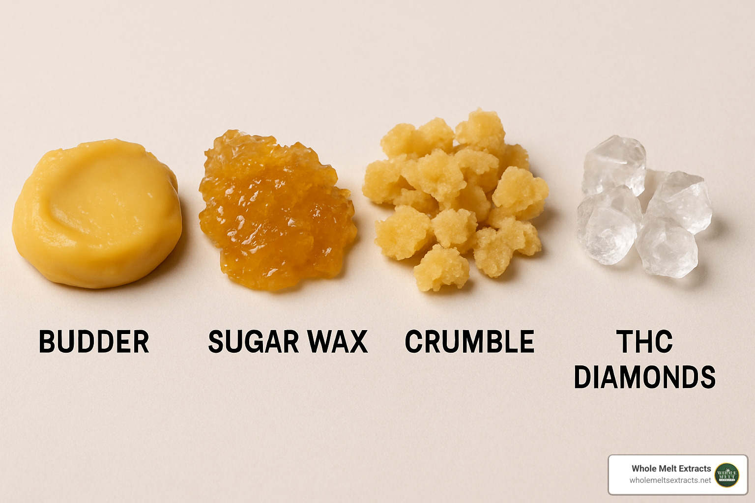 various cannabis concentrate textures including budder, sugar, crumble, and diamonds - dab wax