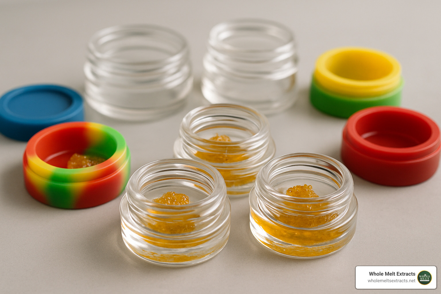 various cannabis concentrate storage containers including glass jars and silicone containers - dab wax