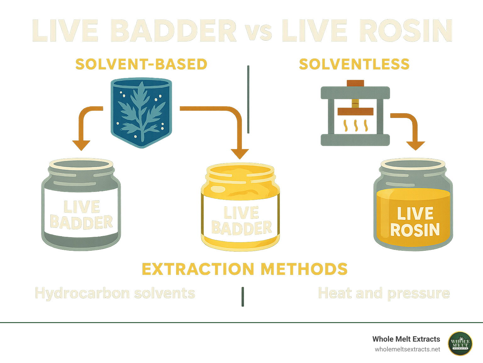 Comparison of solvent-based vs solventless extraction methods showing the different processes for creating live badder and live rosin - live badder infographic 