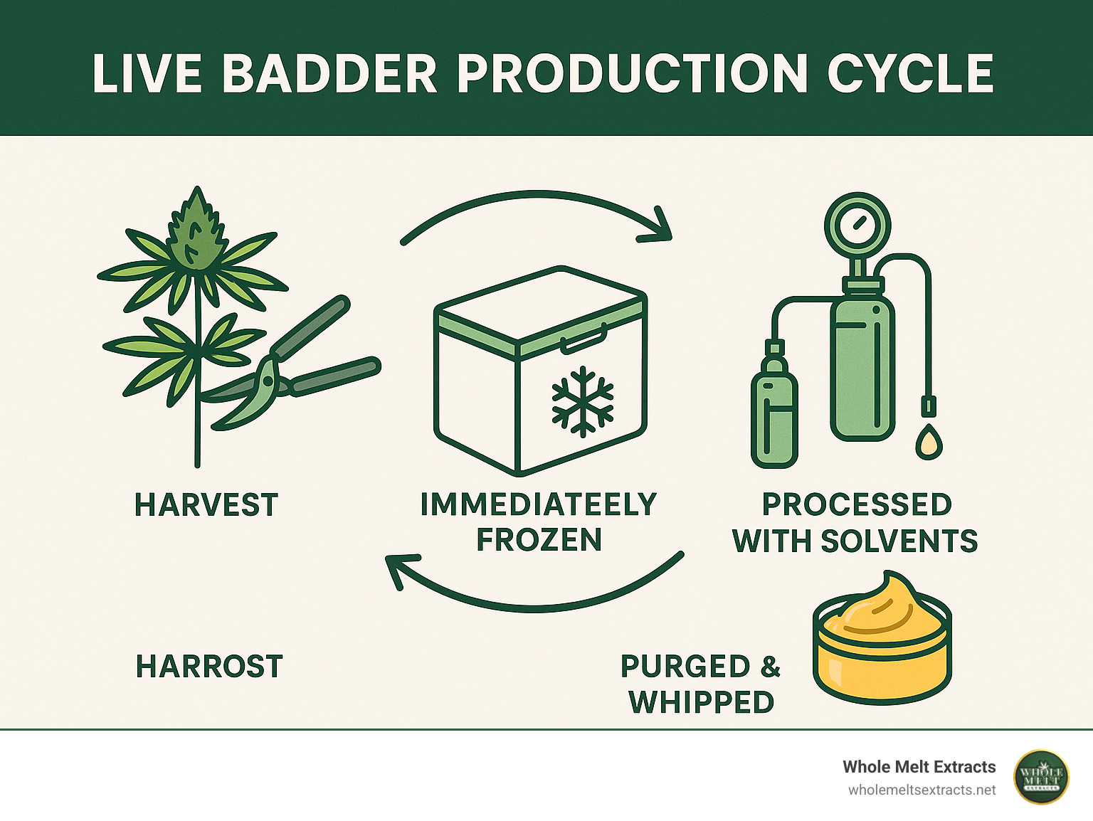 Live badder production cycle showing fresh cannabis being harvested, immediately frozen, processed with solvents, purged, and whipped to create the final creamy concentrate - live badder infographic 