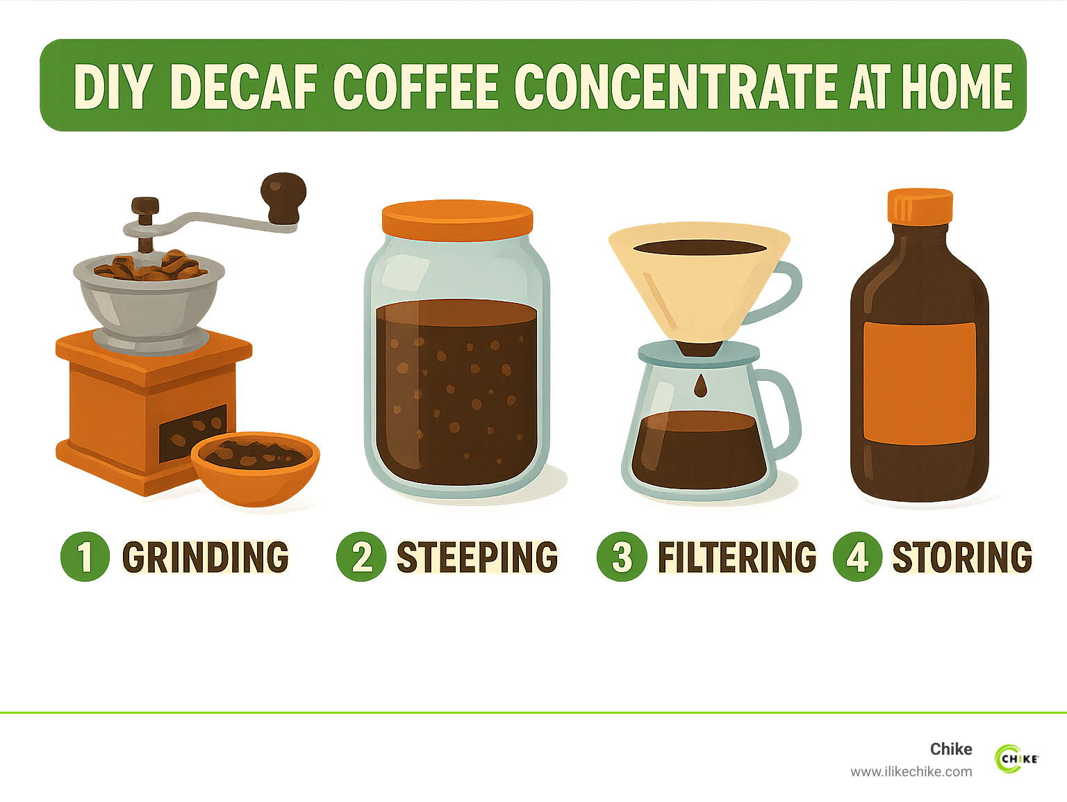 step-by-step home brewing process for decaf coffee concentrate showing grinding, steeping, filtering, and storing - decaf coffee concentrate infographic 