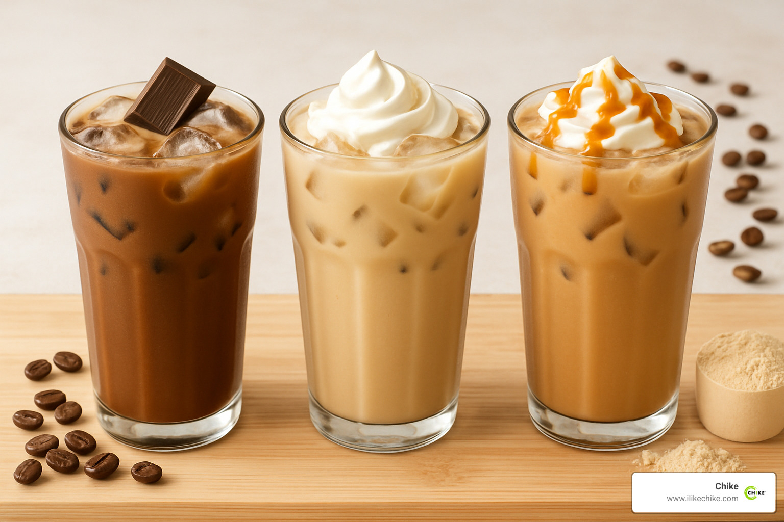 three different flavored protein coffees side by side - decaf protein coffee recipe