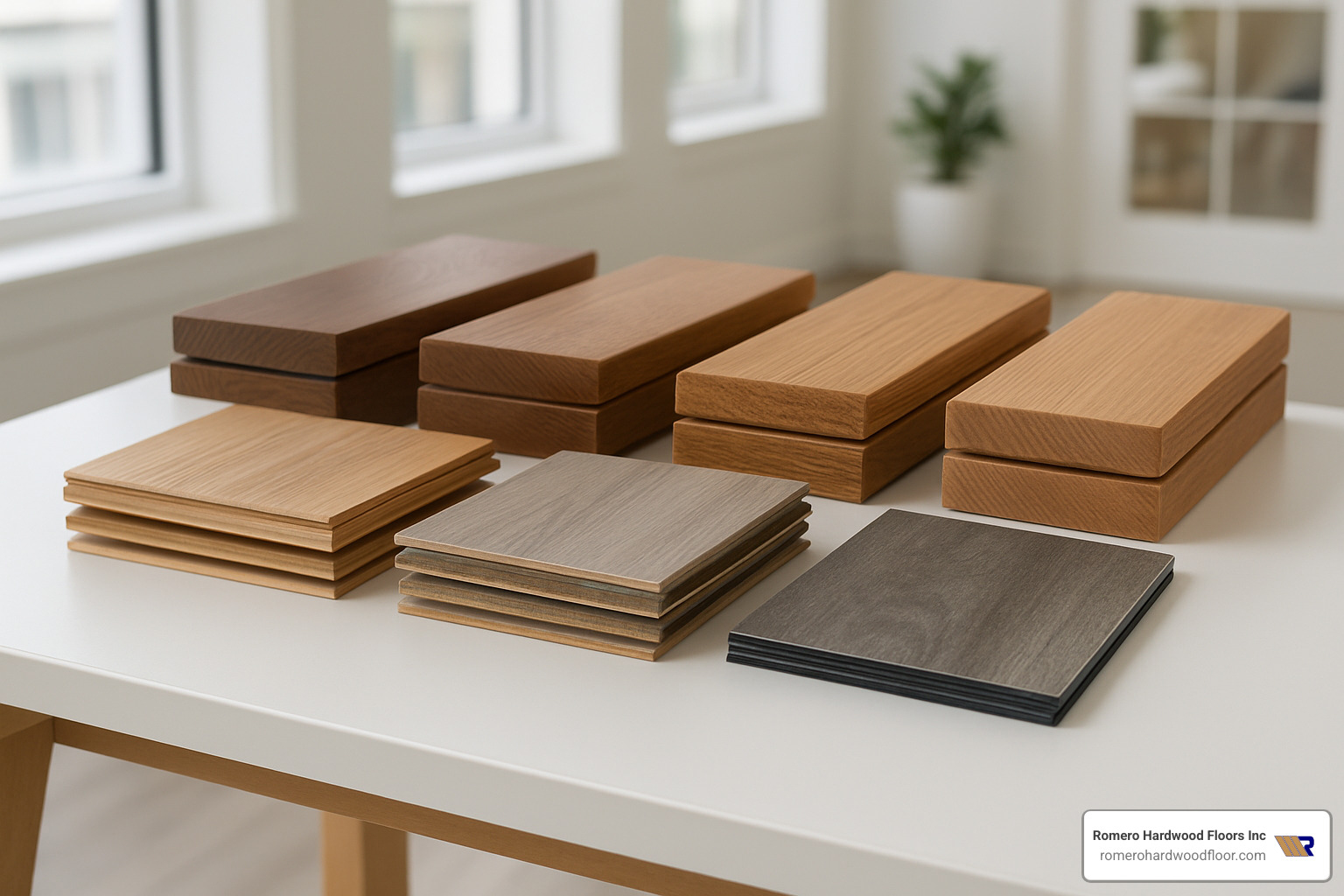 various flooring material samples including hardwood, laminate, and luxury vinyl - flooring installation contractors