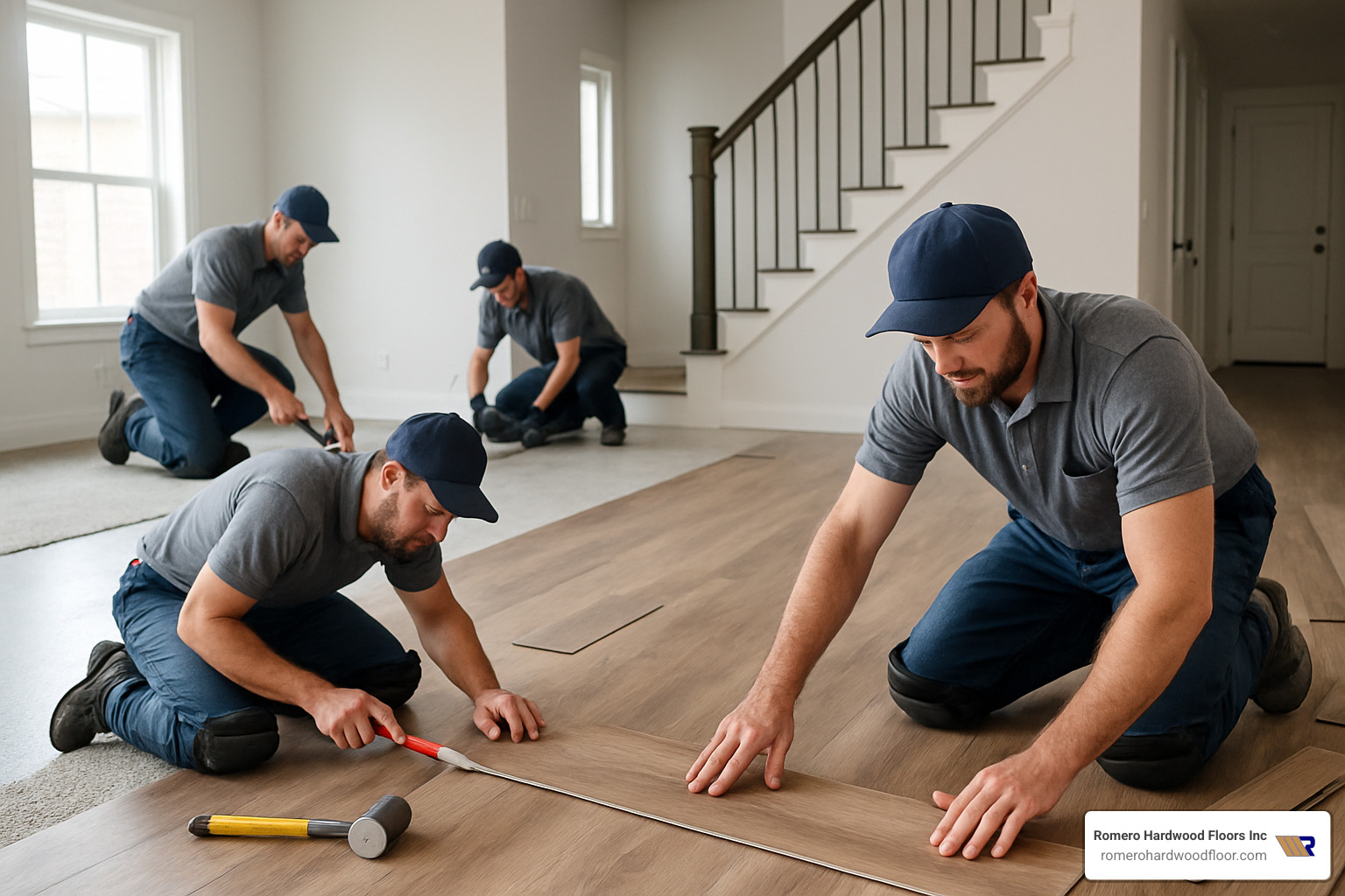 professional flooring crew installing luxury vinyl plank flooring - flooring installation contractors
