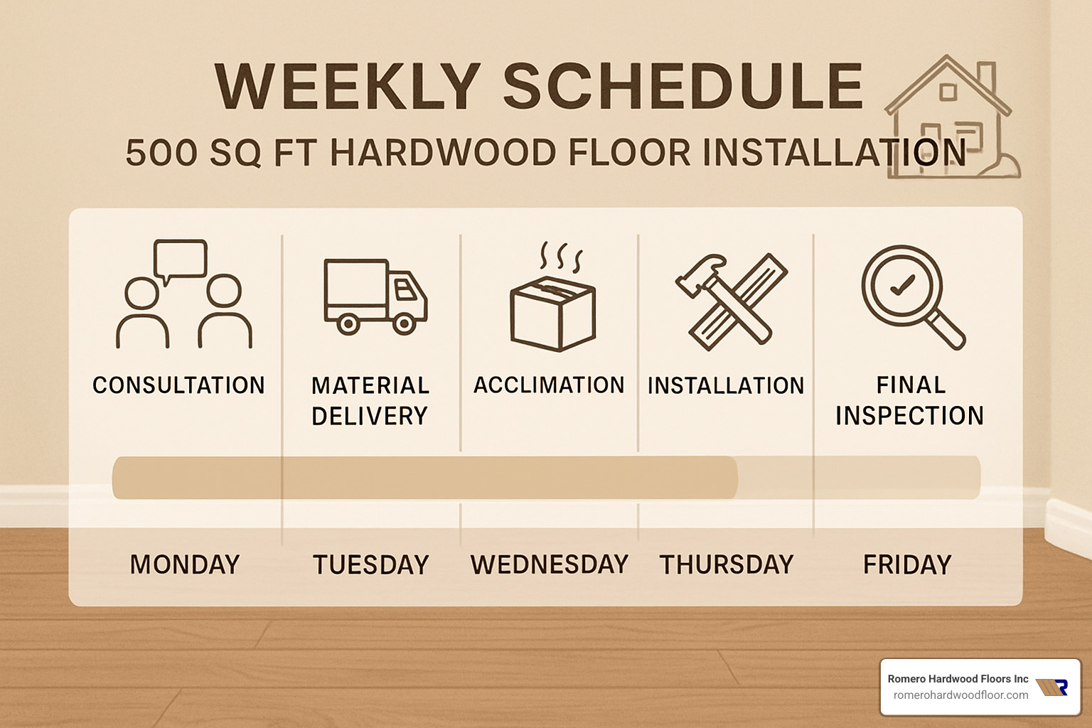 Weekly schedule for hardwood floor installation showing consultation, material delivery, acclimation period, installation days, and final inspection - flooring installation contractors