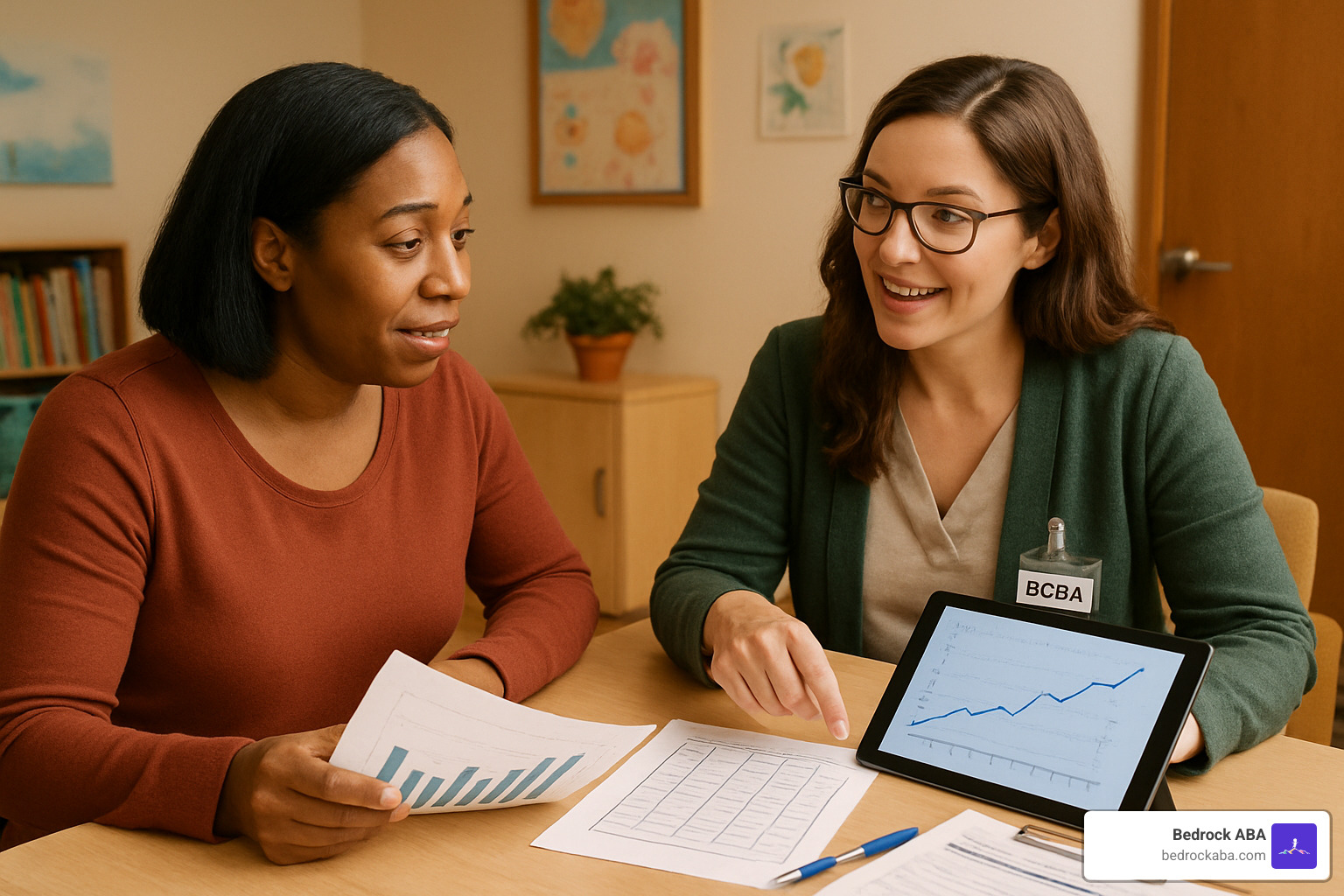 Parent reviewing assessment data with BCBA therapist - ABA therapy Utah