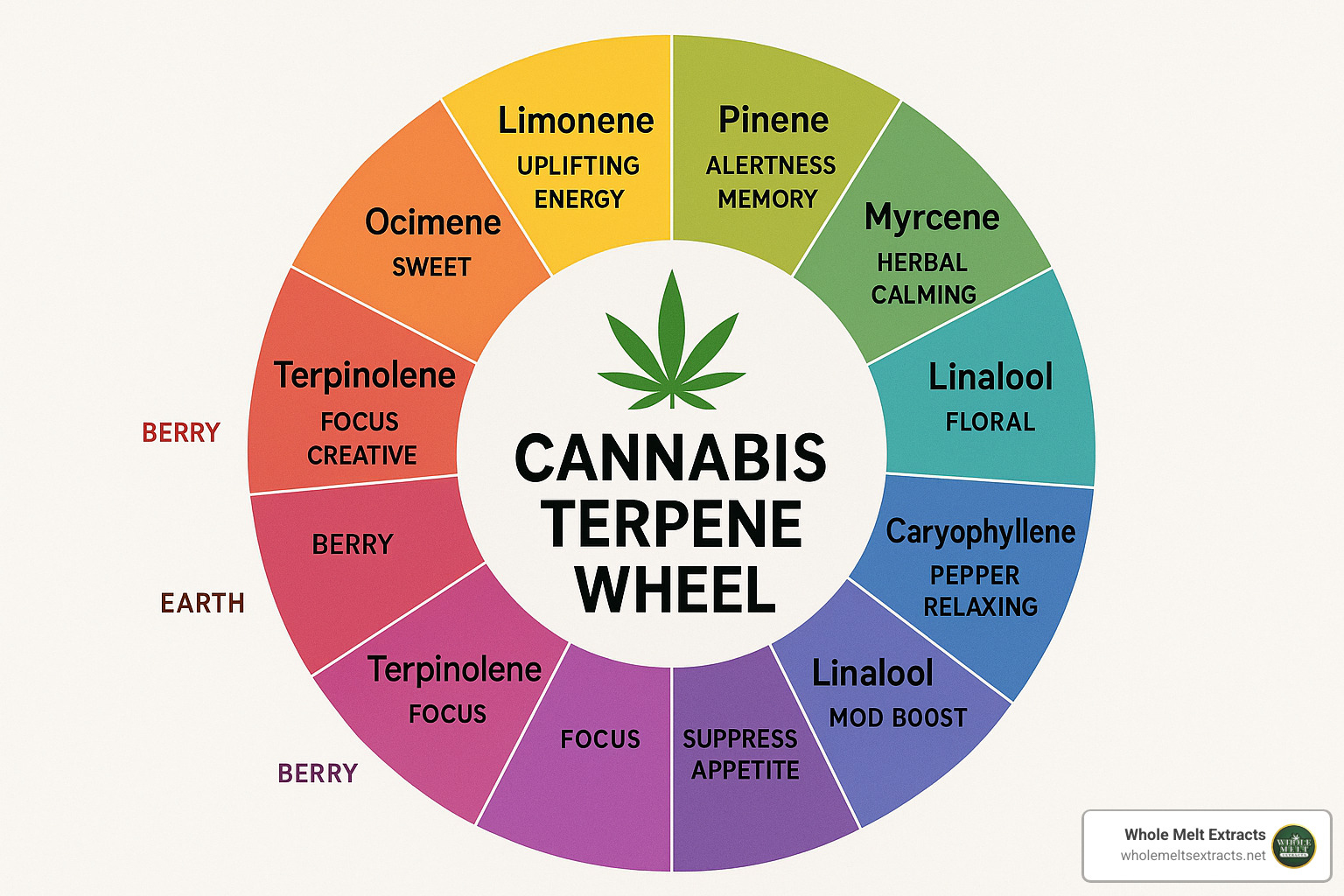 cannabis terpene wheel showing flavors and effects - *whole melt extracts*