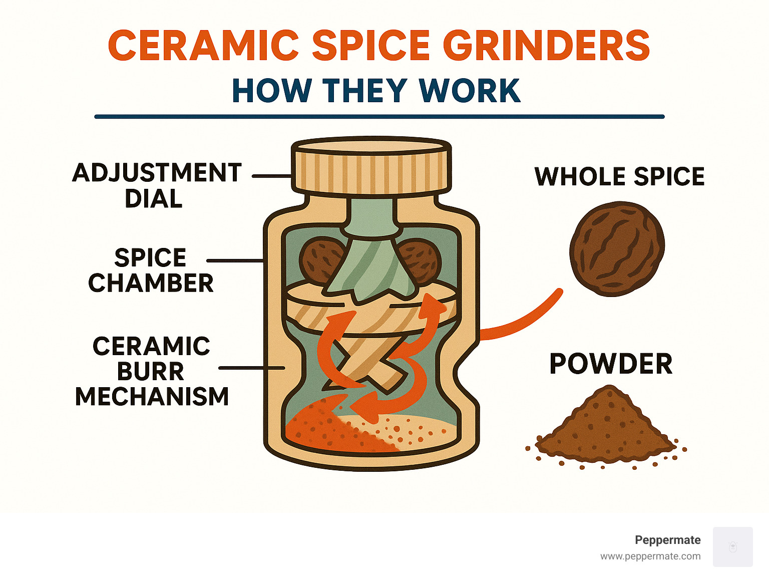Diagram showing how ceramic grinders work with labeled parts including the ceramic burr mechanism, adjustment dial, spice chamber, and grinding process from whole spice to powder - ceramic spice grinders infographic 