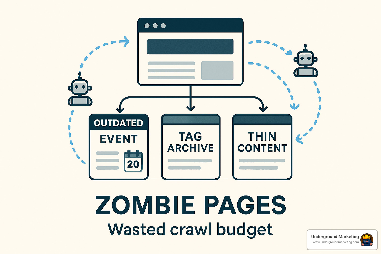 Zombie pages illustration showing how they waste crawl budget - audit seo google