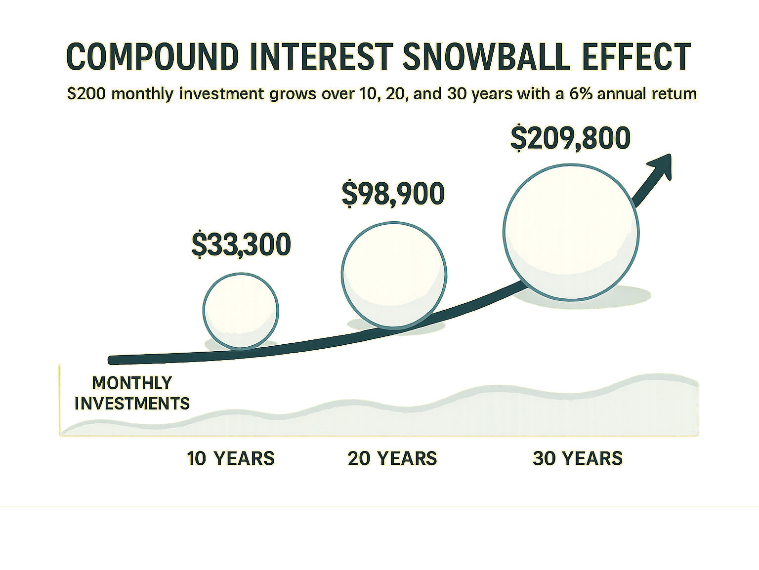 Compound interest snowball effect showing how $200 monthly investment grows over 10, 20, and 30 years with a 6% annual return - beginner investing infographic Compound interest snowball effect showing how $200 monthly investment grows over 10, 20, and 30 years with a 6% annual return - beginner investing infographic