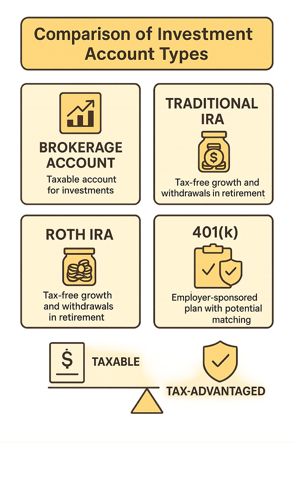 Comparison of investment account types - beginner investing infographic Comparison of investment account types - beginner investing infographic