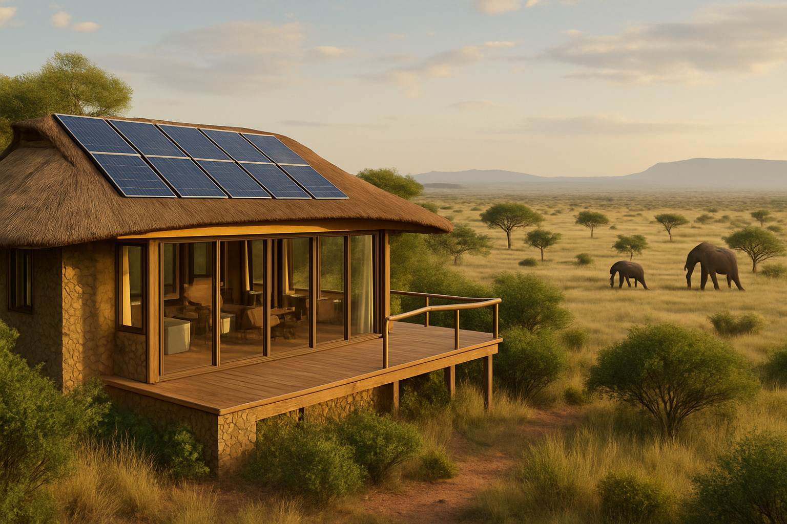 Sustainable safari lodge overlooking savanna with wildlife - sustainable hotel reviews