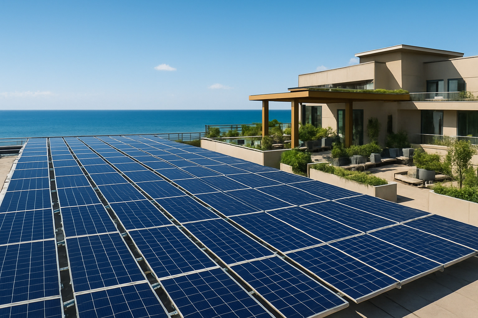 Hotel solar panel array on rooftop with ocean view - sustainable hotel reviews