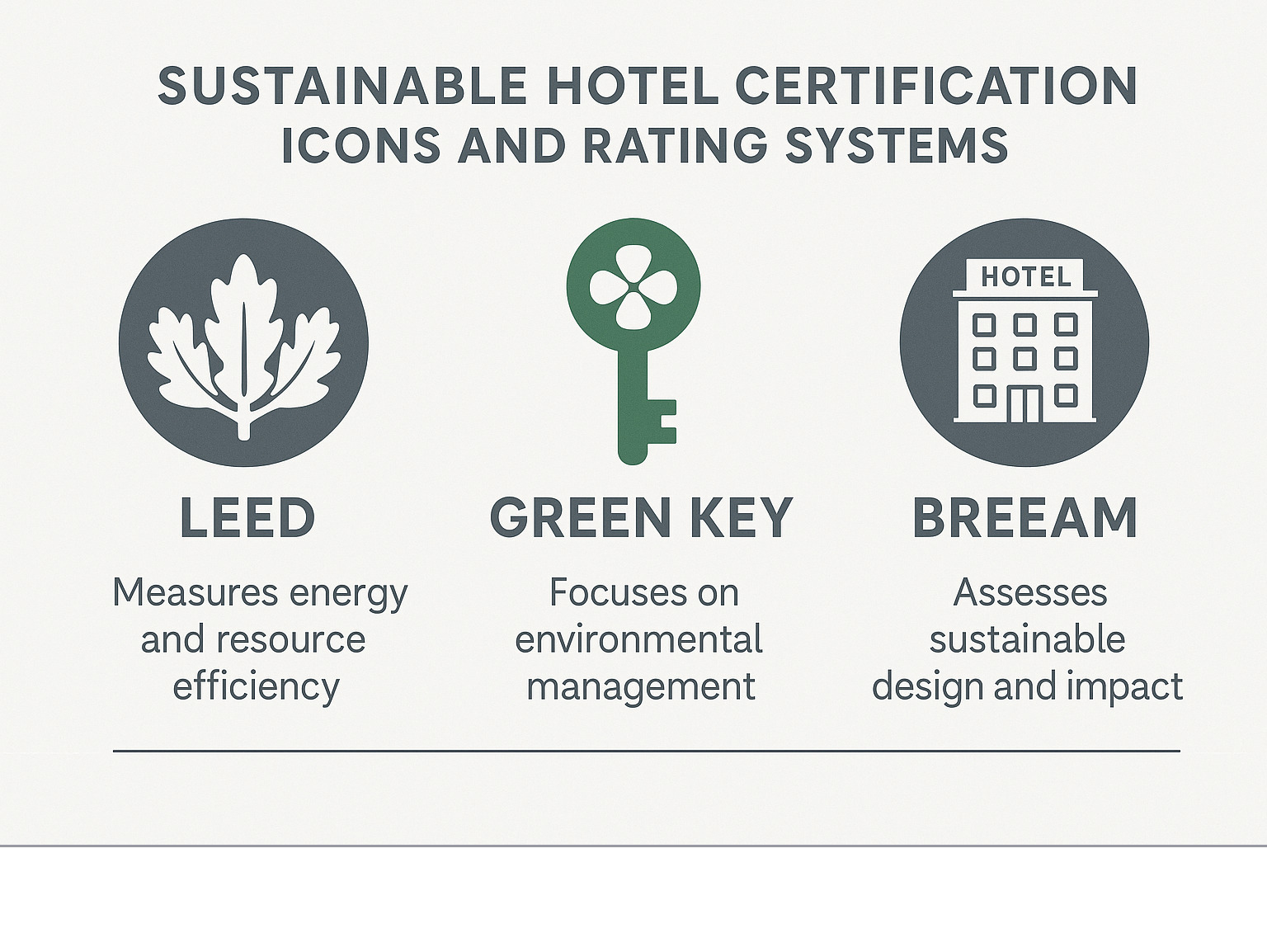 Sustainable hotel certification icons and rating systems with explanations of LEED, Green Key, BREEAM standards and what they measure in hotel operations - sustainable hotel reviews infographic 