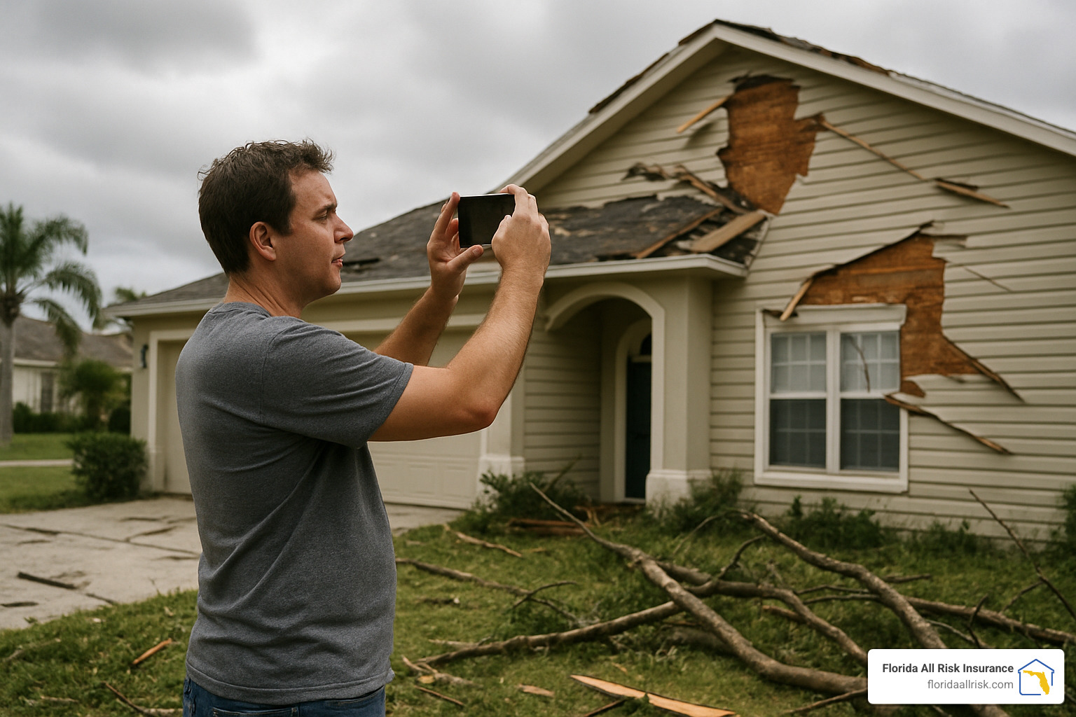 homeowner taking photos after storm damage - homeowners insurance englewood fl
