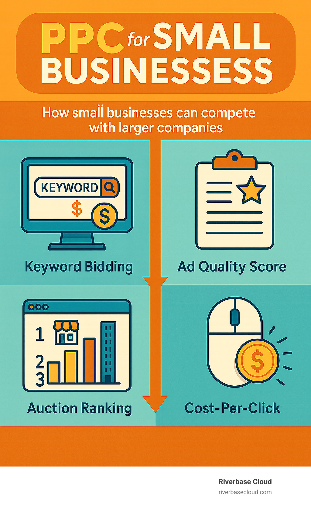 PPC auction process showing how small businesses can compete with larger companies, including keyword bidding, ad quality score calculation, auction ranking, and cost-per-click determination - PPC for small businesses infographic 