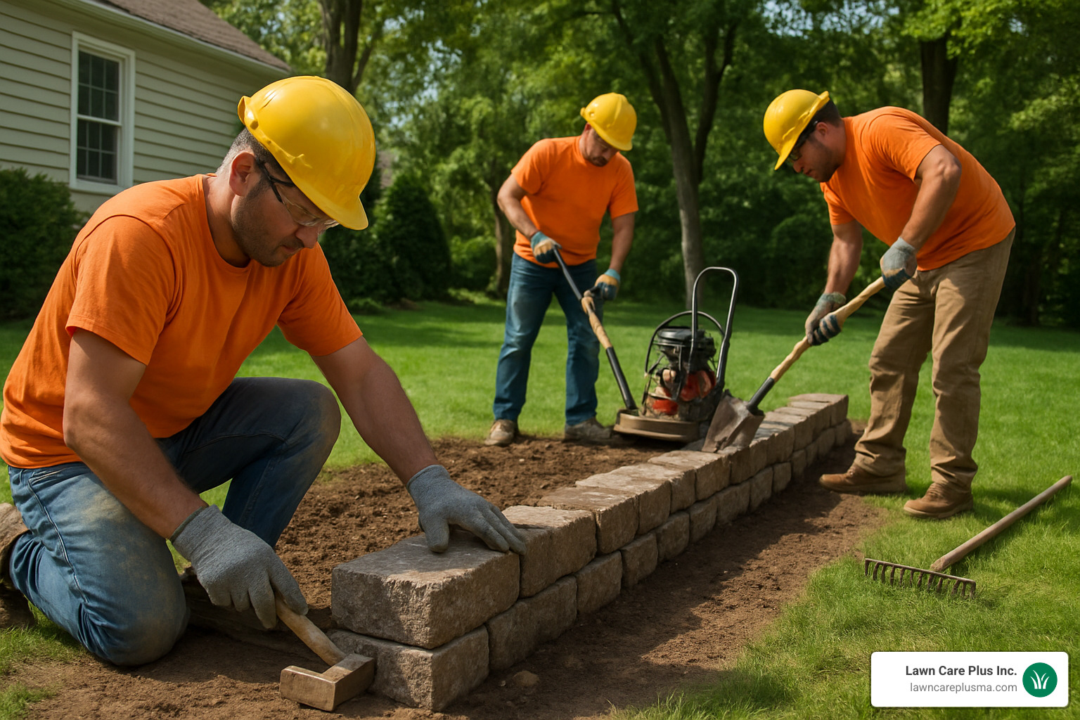 Professional landscapers building a retaining wall - landscaping companies canton ma