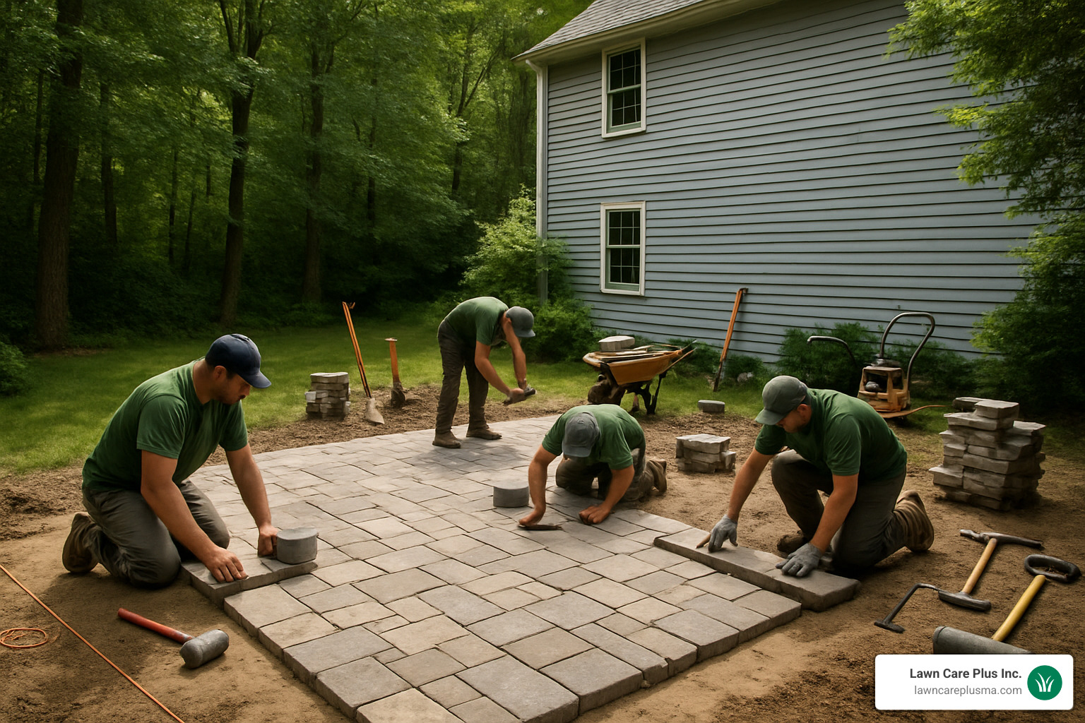 Professional landscapers installing a stone patio in Canton - landscaping companies canton ma