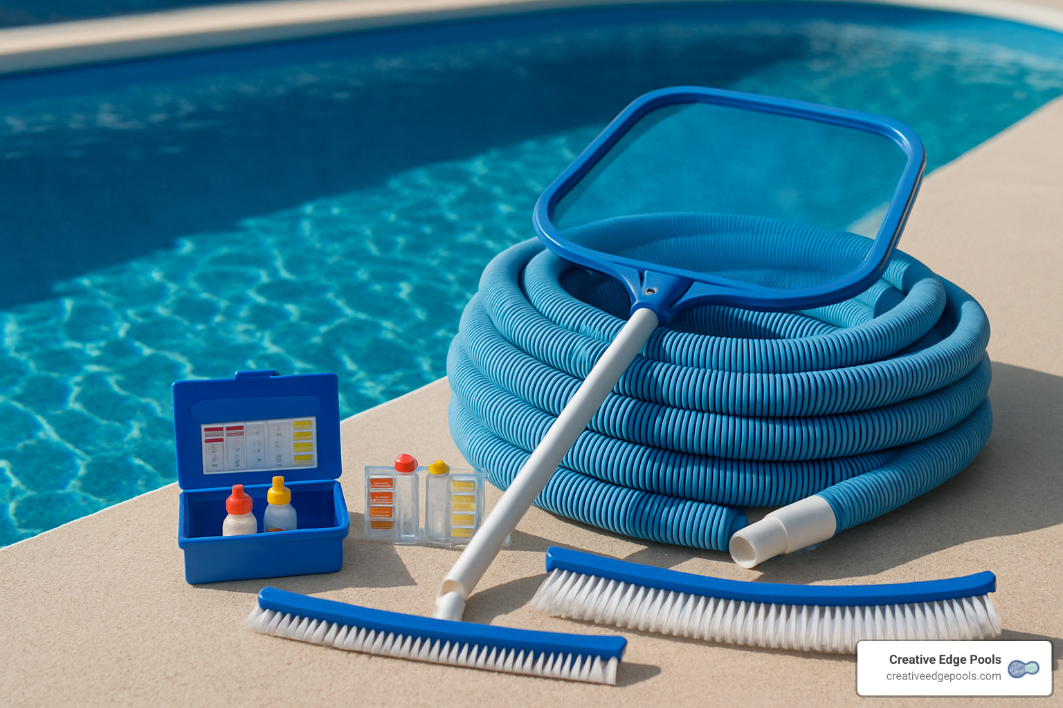 pool maintenance kit with testing supplies and cleaning tools - fiberglass inground pools