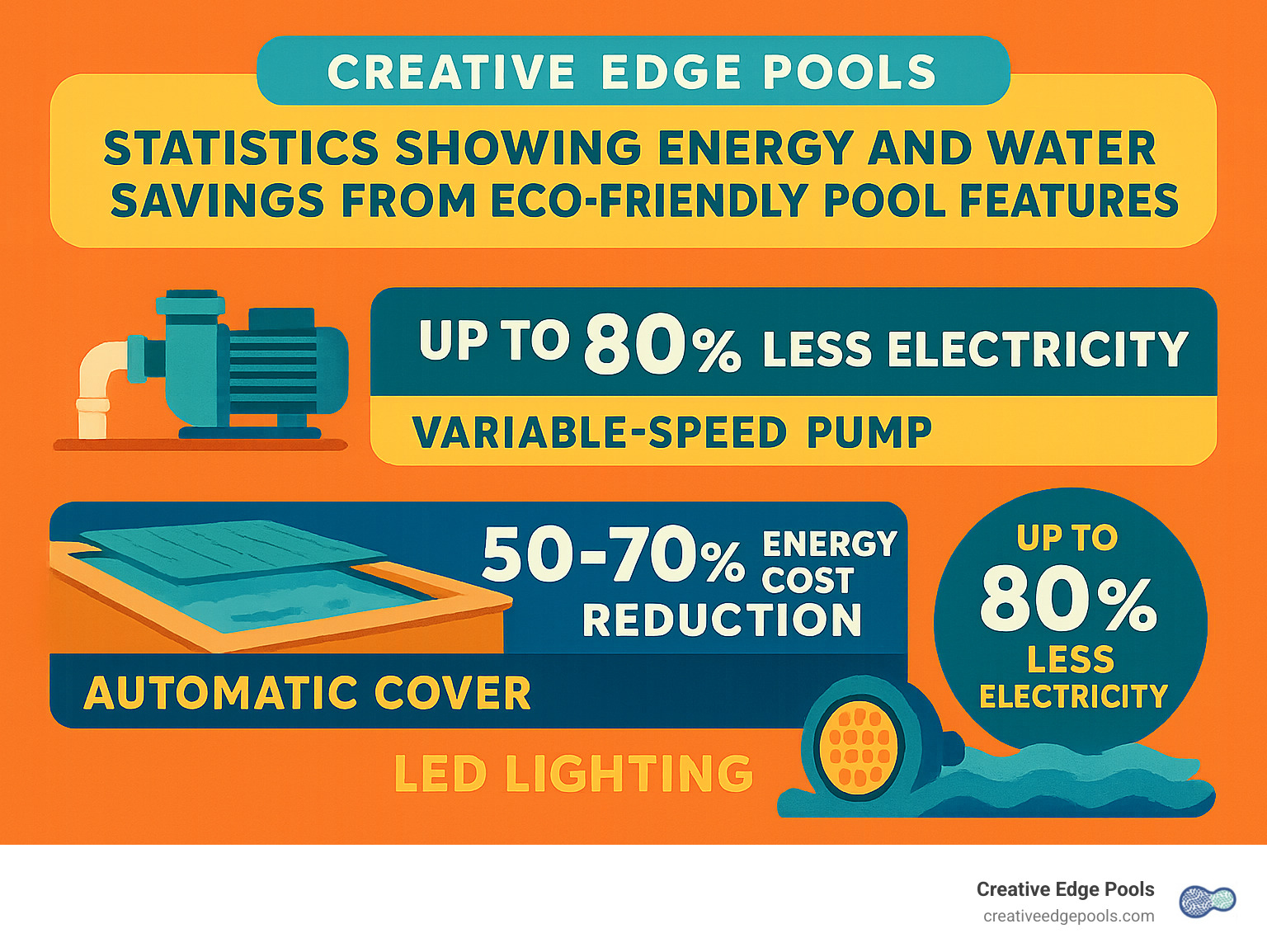 Statistics showing energy and water savings from eco-friendly pool features including variable speed pumps, automatic covers, and LED lighting - fiberglass inground pools infographic