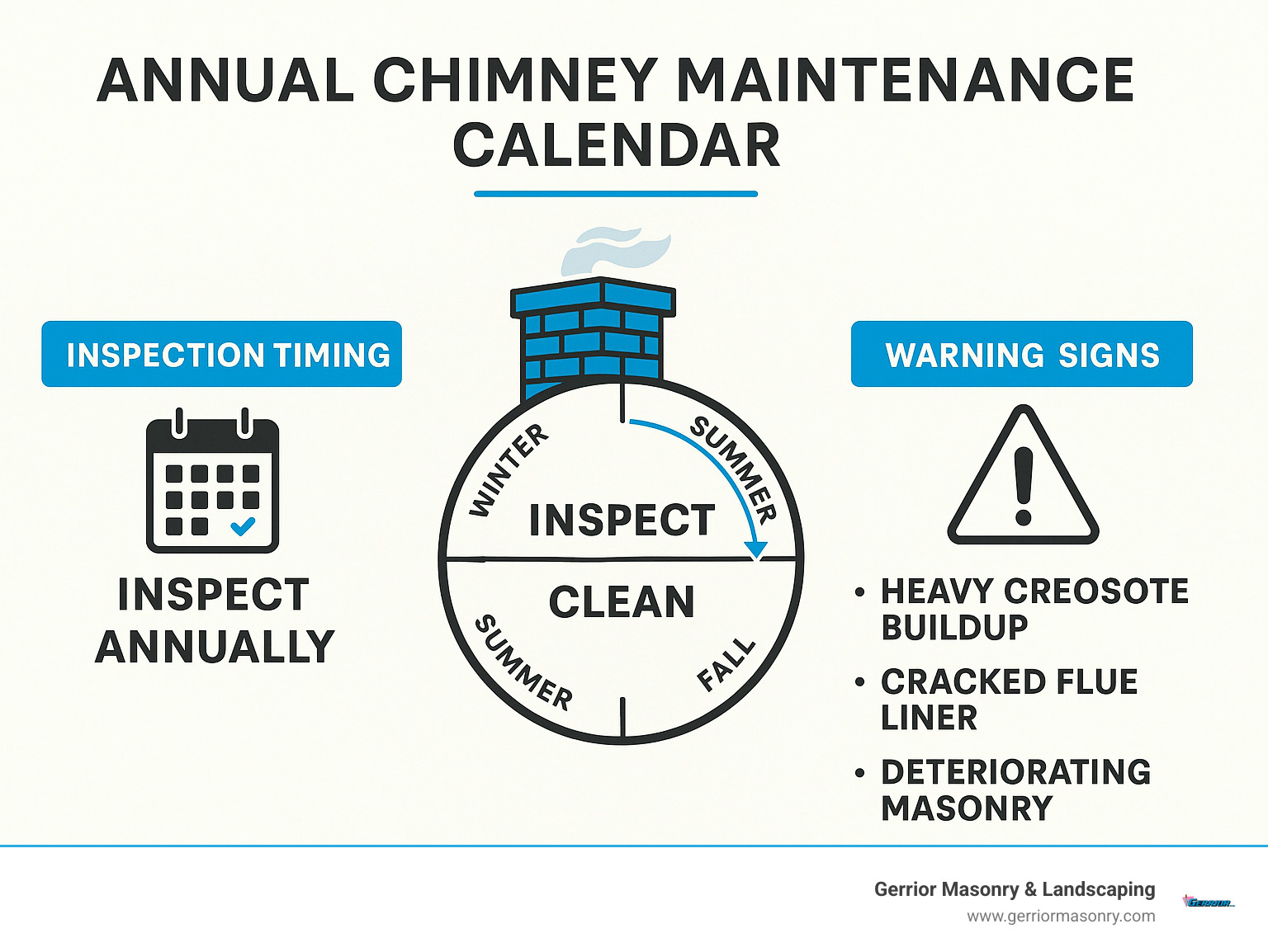 Annual chimney maintenance calendar showing inspection timing, cleaning frequency, and warning signs that require immediate attention from chimney specialists - chimney specialists near me infographic 