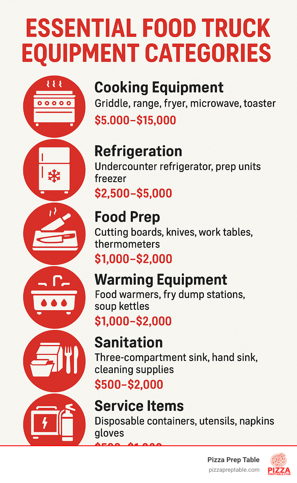 Essential food truck equipment categories showing cooking equipment, refrigeration, food prep, warming equipment, sanitation, service items, and power systems with approximate budget ranges for each - what equipment does a food truck need infographic 